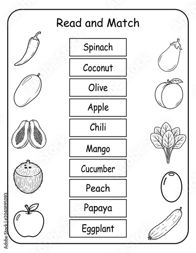 Printable fruits and vegetables read and match worksheets for preschool and pre-k learners. Children read each produce word and connect it to the correct picture, developing vocabulary and early readi