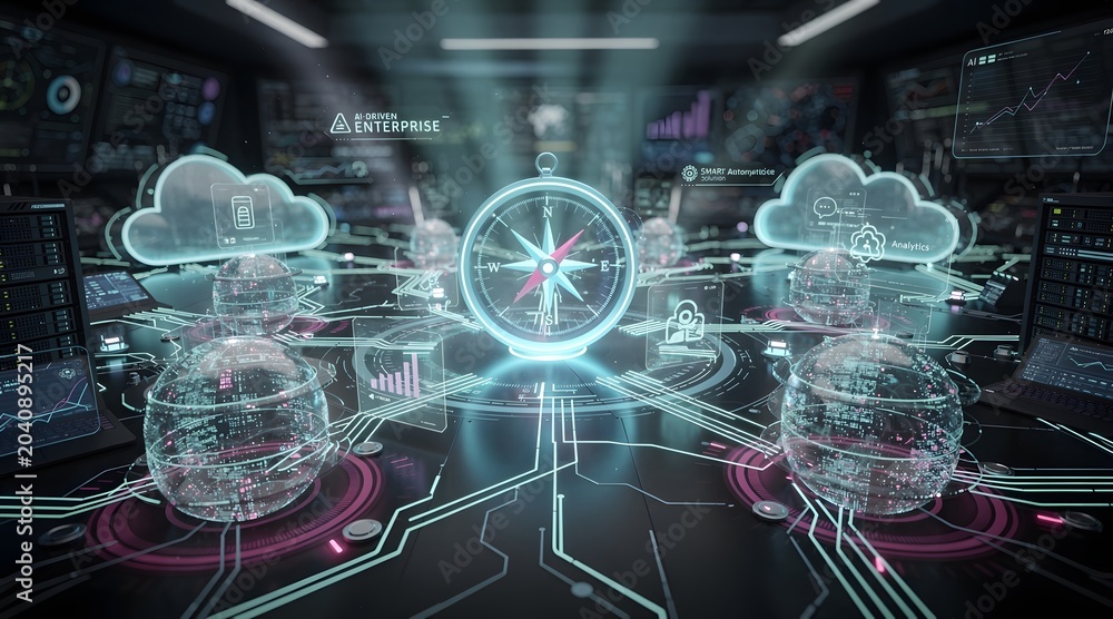 Obraz premium Digital Compass Navigating Cloud Data in Futuristic Server Room.