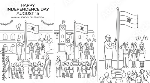 Indian Independence Day celebration with flag hoisting and school children saluting.