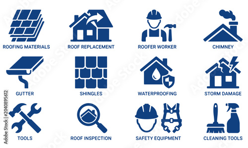 Schilderij op canvas Comprehensive roofing service icons for home repair and maintenance