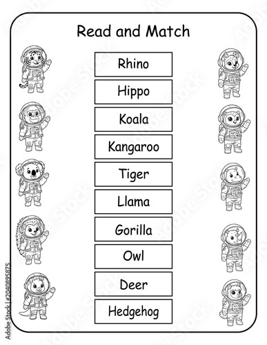 Space-themed printable read and match worksheets for preschool and kindergarten classrooms. Children read each astronaut animal word and connect it to the correct picture, developing early literacy
