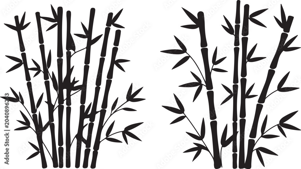 Obraz premium Bamboo forest silhouette vector set featuring dense bamboo stalks and leafy branches in traditional Asian botanical illustration style isolated on background