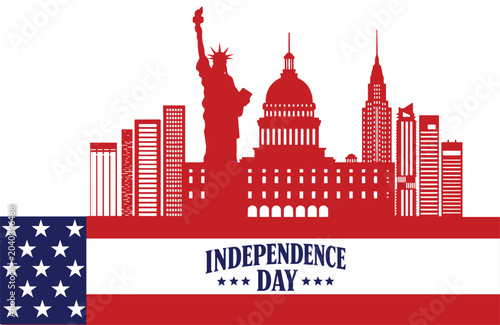 American Independence Day vector illustration with red city skyline and US flag. Patriotic Fourth of July banner featuring national landmarks and stars and stripes for holiday celebration.