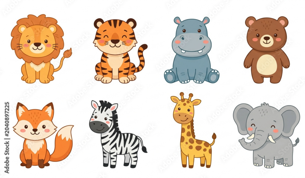 Obraz premium Set of cute animals isolated on white background vector illustration