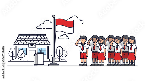 Foto Indonesian elementary school students saluting the flag during a ceremony