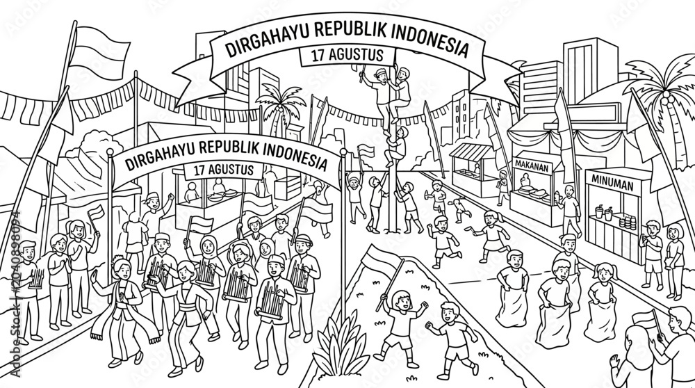 Obraz premium Indonesian Independence Day celebration with traditional games and parade.
