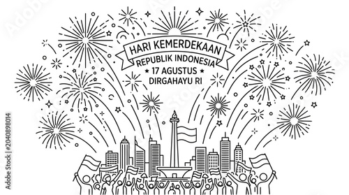 Tableau sur toile Indonesian Independence Day Celebration with Fireworks and City Skyline
