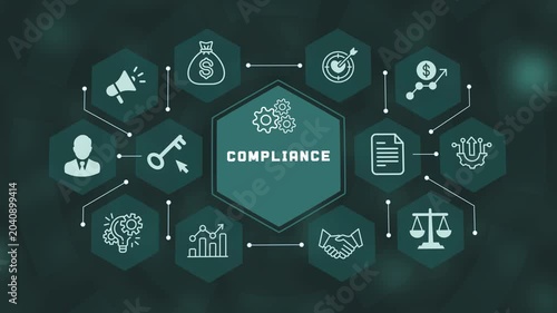 Business compliance and regulatory policy framework animation showing interconnected legal icons in digital network.