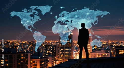 Man in suit stands on skyscraper roof at night. Digital world map with glowing connections hovers over city skyline. Global network concept.