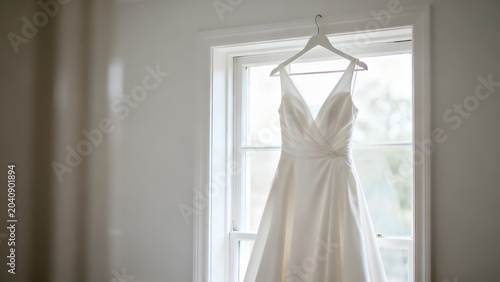 unworn. A pristine white wedding dress hanging in a quiet room, soft window light. lifestyle magazines, social media lookbooks, designed for lifestyle magazines and social media content.