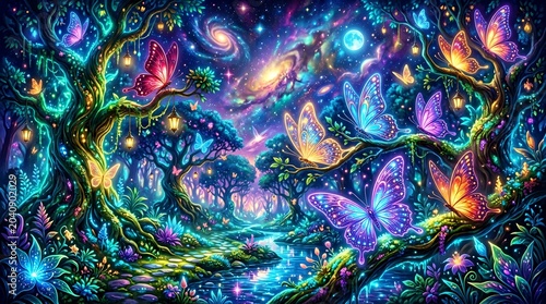 A vibrant and colorful illustration of butterflies in a magical forest