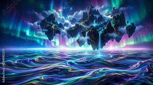 A surreal landscape of floating mountains above a vibrant ocean under the aurora borealis