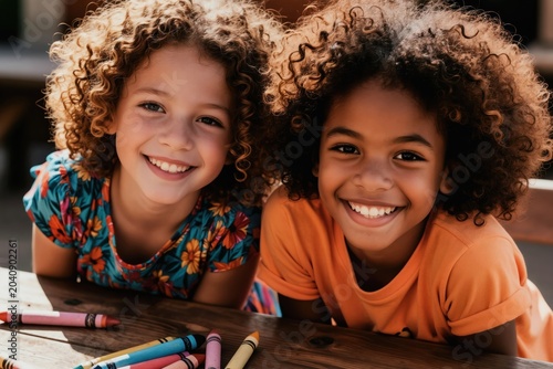 Two smiling mixed-race children with curly brown hair sit at wooden table. Wear colorful clothes, crayons in front of. Girls look happy, engaged, faces framed by bright sunlight. Kids ready for fun