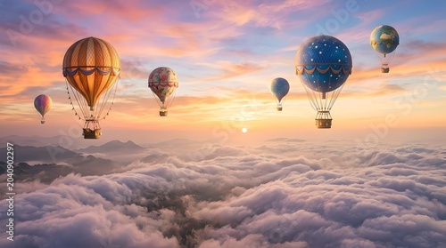 A serene landscape of hot air balloons floating above the clouds at sunset