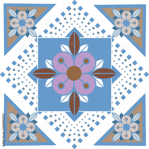 Geometric Floral Ceramic Tile Pattern with Mandala Motif in Pastel Blue and Purple