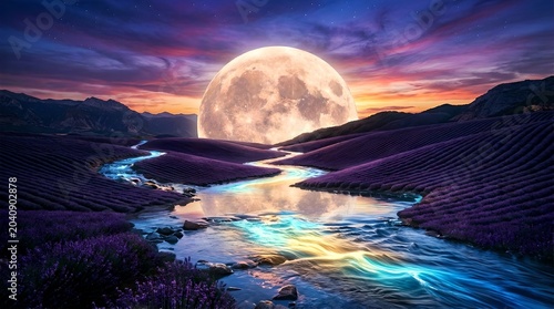 A serene landscape of a river flowing through a valley under a full moon