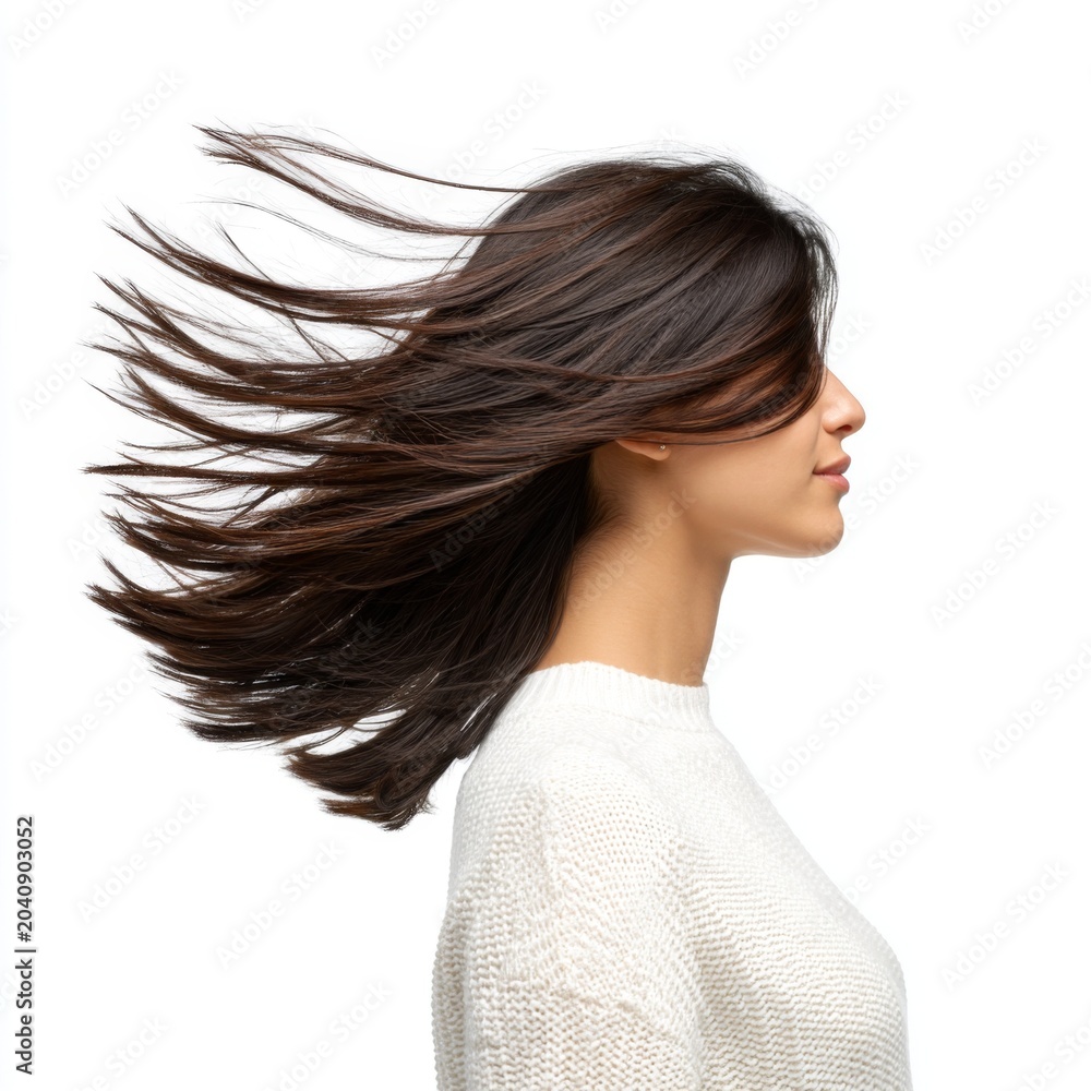 Naklejka premium Beautiful woman with long flowing hair in motion on a white background showcasing elegance and dynamic energy
