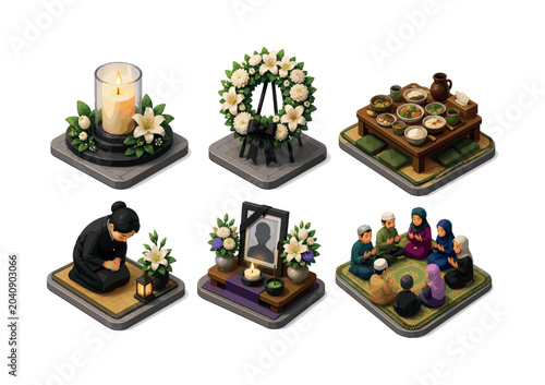 Mourning traditions. Isometric flat vector icons set of Mourning traditions: memorial candle, flower wreath, shared meal table, respectful bowing figure, remembrance photo stand, communal prayer