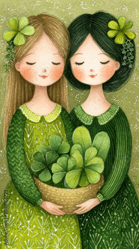 Good luck, Two friends sharing good luck in a colorful flat illustration style.