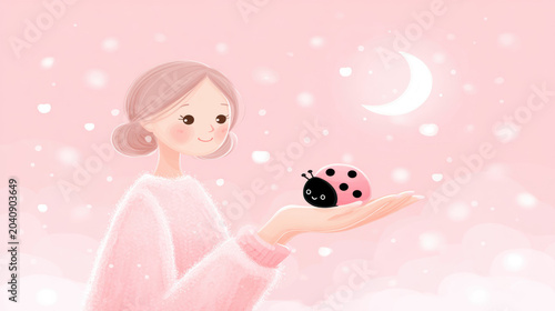 Good luck, Ladybug perched on a hand symbolizing good luck in a flat illustration style