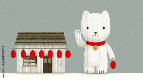 Good luck, Waving lucky cat Maneki-neko illustration at a shop entrance welcoming customers.