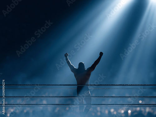 Masked Wrestler Raising Arms Under Spotlight