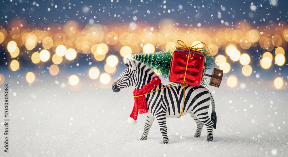 Obraz premium A zebra figurine wearing a red scarf carries a Christmas tree and gift in the snow, symbolizing festive holiday spirit and winter travel.