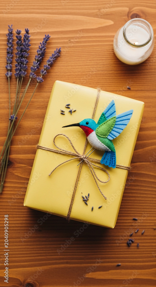 Obraz premium Yellow gift box with a felt hummingbird decoration and lavender sprigs, symbolizing thoughtfulness, nature, and serenity, perfect for special occasions or decorative themes