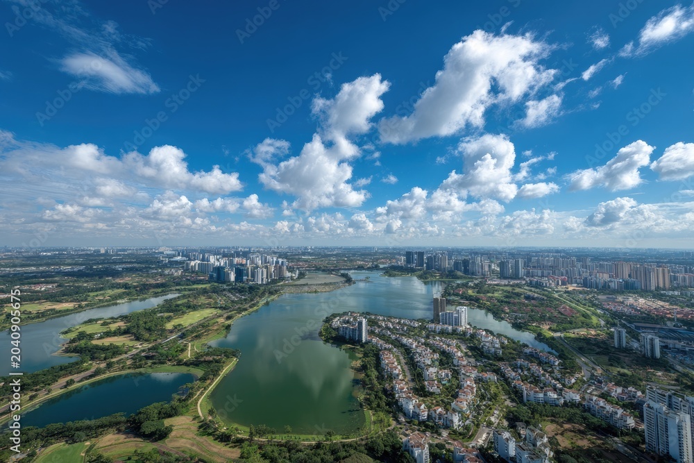 Fototapeta premium Expansive cityscape with a large lake, lush greenery, and scattered residential buildings