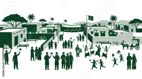 Schilderij op canvas People celebrating Pakistan Independence Day in a festive village street scene
