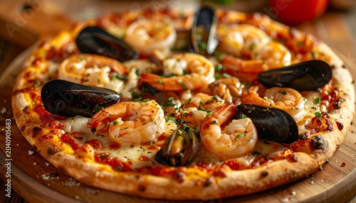 Delicious seafood pizza with shrimp and mussels.