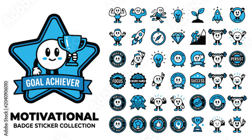 Tableau sur toile Motivational badge sticker collection, blue goal achiever character icons, succe