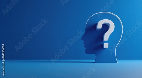 Abstract blue head profile silhouette with large white question mark inside