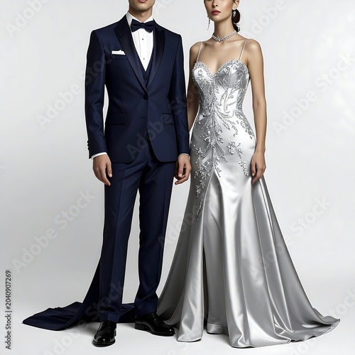 Couple in formal attire posing together elegantly.