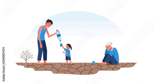 Tableau sur toile Family shares scarce water in arid, cracked earth, symbolizing drought and survival