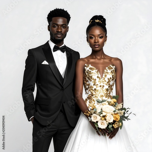 Couple in formal attire posing together indoors.