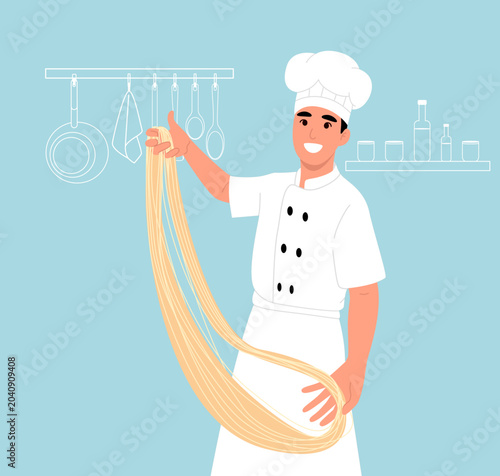 Slika na platnu Smiling Chef Making Noodles in a Kitchen