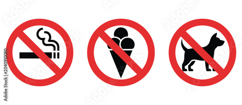 No smoking no eating and no dogs prohibition icons featuring red restricted circles, public facility warning notices, isolated safety symbols, vector stickers, vector, designs