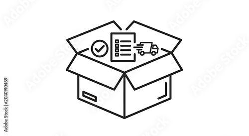 Open cardboard box with checklist, checkmark and delivery truck icon