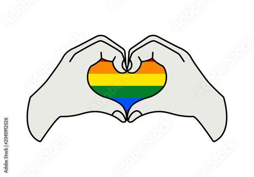 Dos manos formando un corazón con la bandera del orgullo LGBTQ+ arcoíris