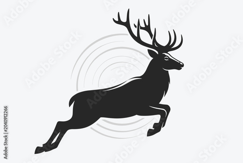 Silhouette of a majestic stag with large antlers jumping in the air with faint circular ripple lines in the background for wildlife themes.