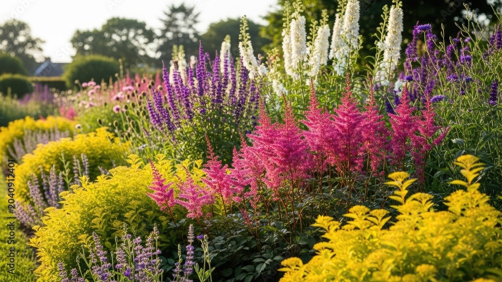 Obraz premium Sunny flower border with purple lavender and pink astilbe.