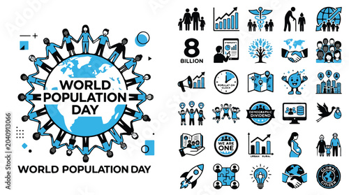 Photos World Population Day icon set, global demographics and 8 billion people concept,