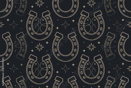 Seamless pattern featuring golden horseshoe shapes with sparkling stars on a dark charcoal background for luck and western themed designs.
