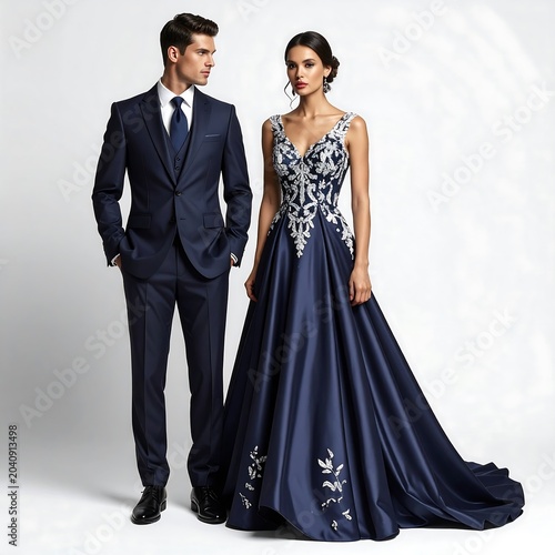 Couple in formal attire posing together indoors.