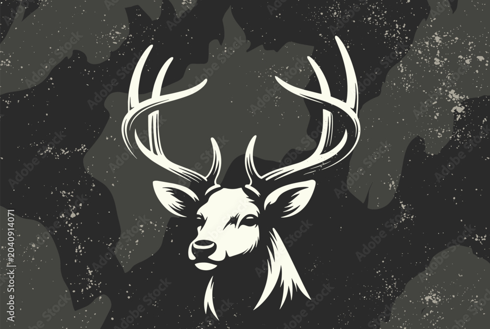 Fototapeta premium High contrast white silhouette of a deer head with large antlers on a dark abstract textured background for hunting or nature logos.