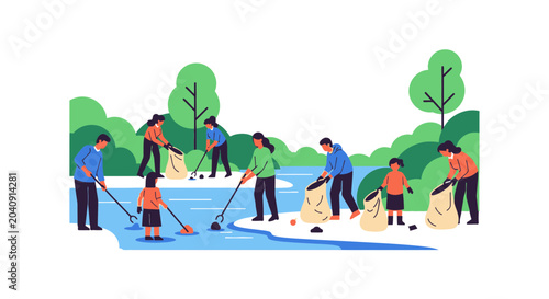 Принти на полотні Community cleaning river bank, environmental protection, volunteers collecting t