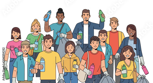 Foto Diverse group of volunteers cleaning up, holding trash bags and water bottles