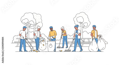 Foto Community park cleanup: diverse people collecting trash outdoors illustration