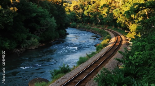 Train tracks curve along blue river flowing through lush green forest with warm sunlight. Nature landscape with water and trees, perfect for travel themes.